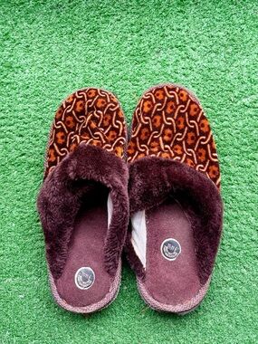 Brown Faux Fur Trim Geometric Pattern Indoor House Slippers Women's US 11-11.5